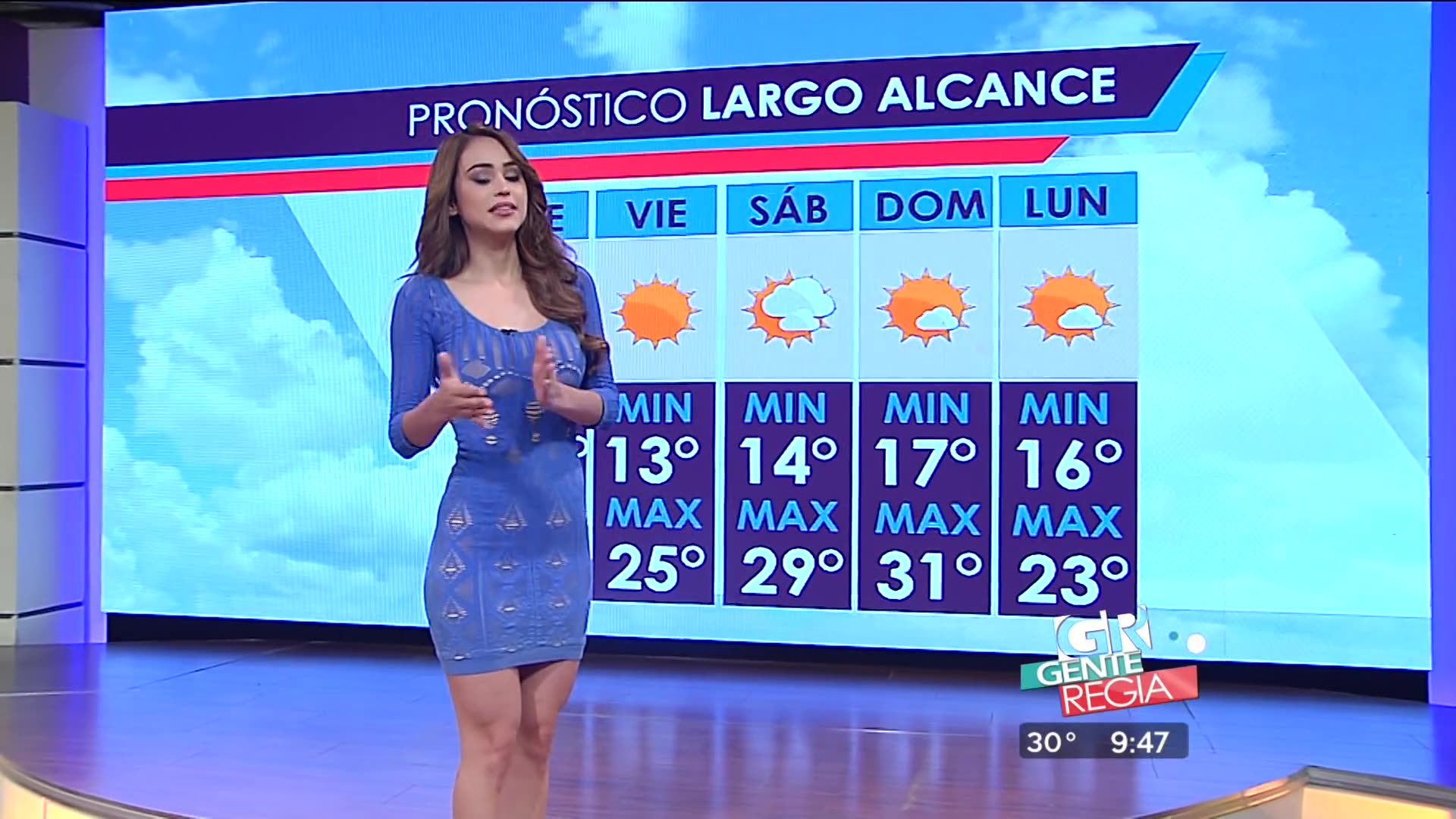 Yanet Garcia presenting the weather in sexy blue dress